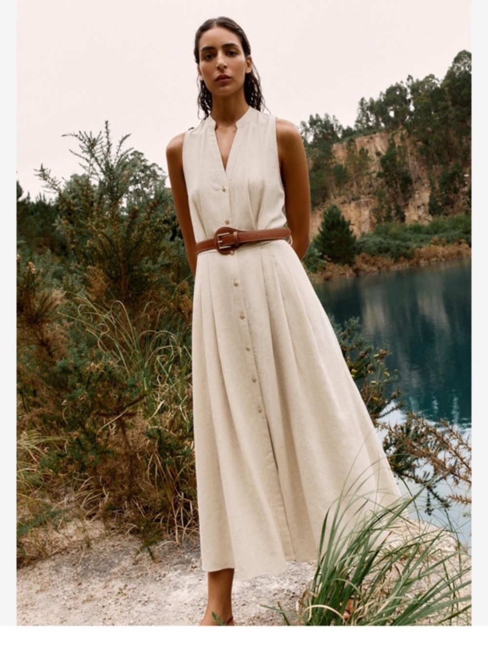 NWT Zara Belted Linen Blend Midi Dress in Tan size L